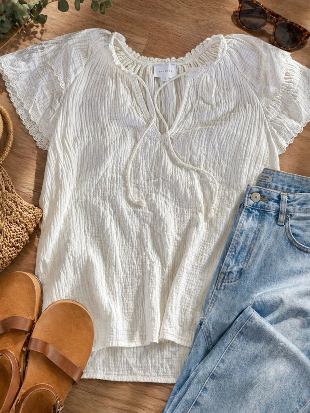 Boho Lace-Trim White Peasant Top